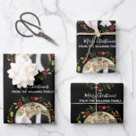 Custom Wedding Couple Christmas Photo Chic Black Wrapping Paper Sheet<br><div class="desc">These beautiful black holiday wrapping paper sheets feature a pretty circle wreath of leaves and flowers in red and green for a festive look. This personalized Christmas gift wrap features your own custom text in chic typography. Customize with a romantic photo and your custom text in white.</div>