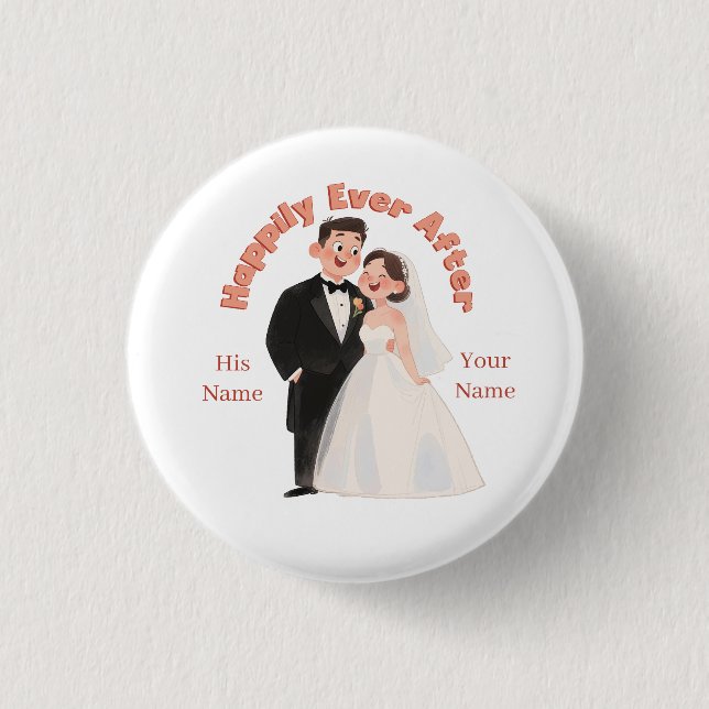 Custom Wedding Couple Illustration Happily Ever 1 Inch Round Button (Front)