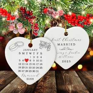 Custom Wedding Date Calendar Heart Christmas Ceramic Ornament
