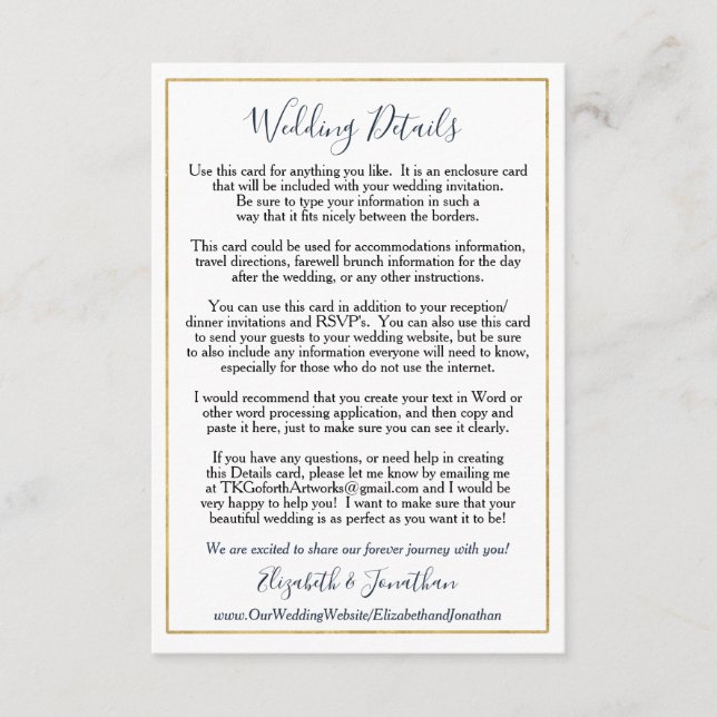 Custom Wedding Enclosure Elegant Navy Gold (Front)