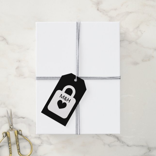 Custom wedding gift tag with monogrammed love lock (With Twine)