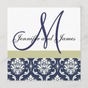 Custom Wedding Invitation Monogram Blue Damask