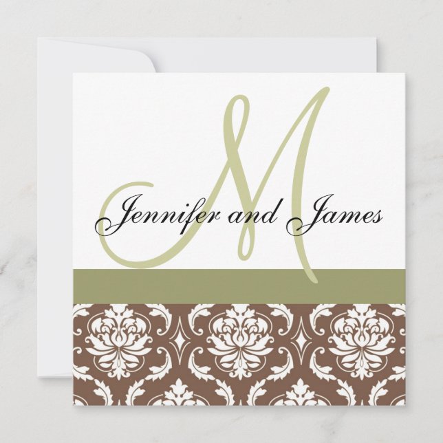 Custom Wedding Invitation Monogram Brown Damask (Front)