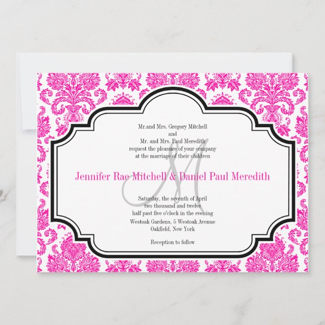 Custom Wedding Invitations Hot Pink Damask (Front)