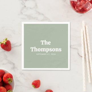Custom Wedding Last Name Sage Green Retro Cocktail Napkin