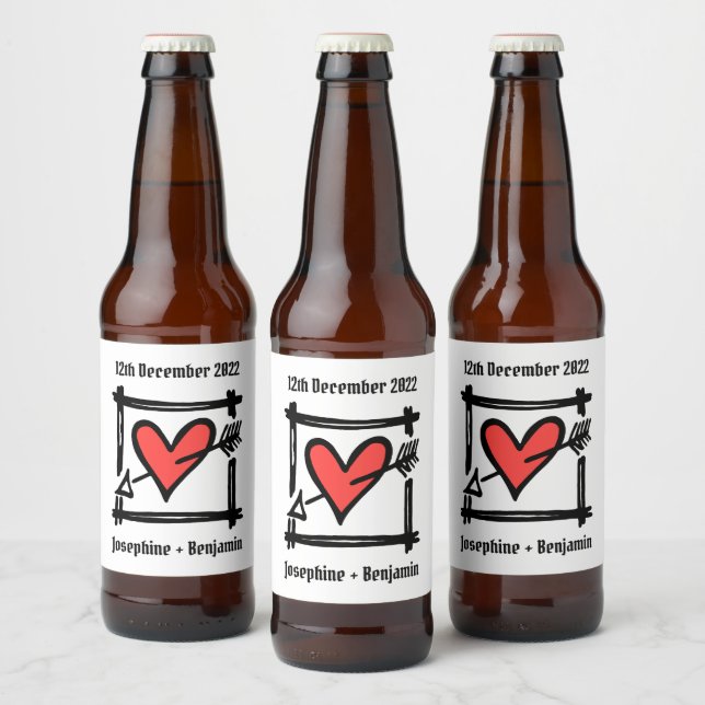 Custom Wedding Love Heart Black & Red Bottle Label (Bottles)