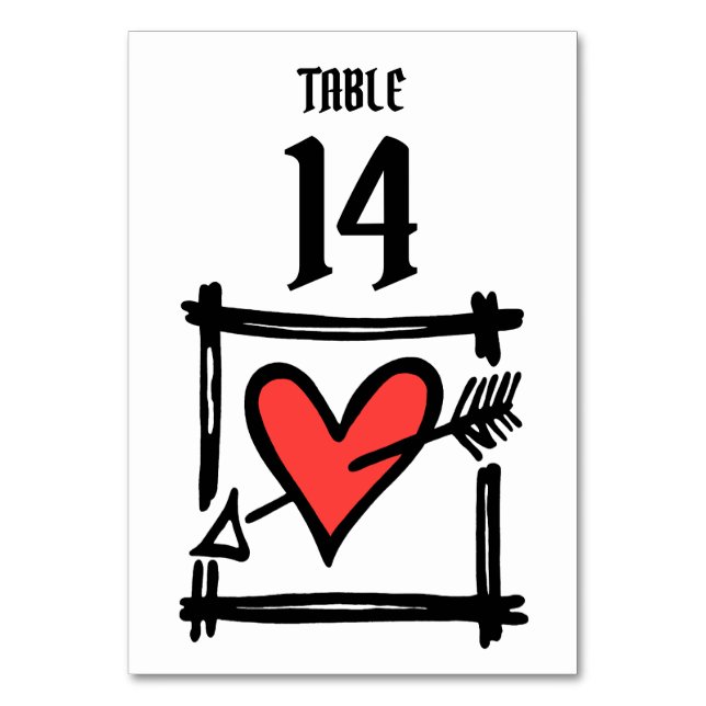 Custom Wedding Love Heart Black & Red Table Number (Front)