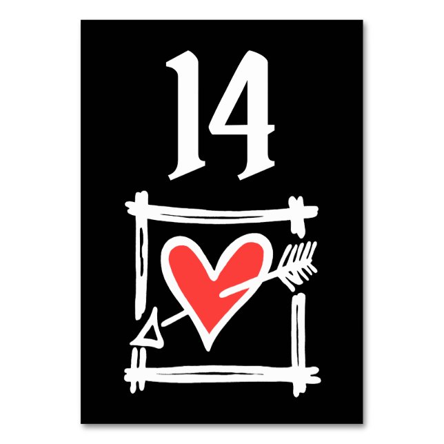 Custom Wedding Love Heart Black & Red Table Number (Front)