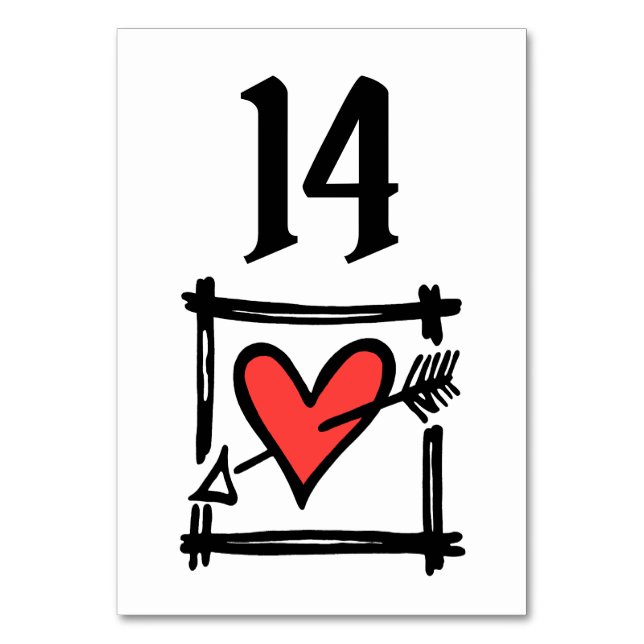 Custom Wedding Love Heart Black & Red Table Number (Front)