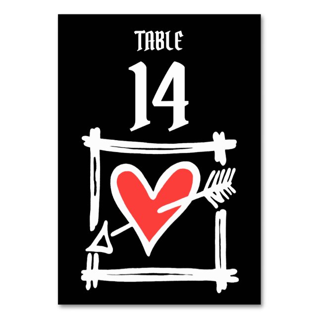 Custom Wedding Love Heart Black & Red Table Number (Front)