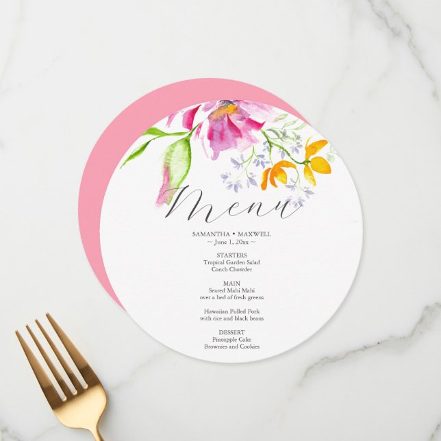 Custom Wedding Menus Watercolor Pink Florals (Front/Back In Situ)
