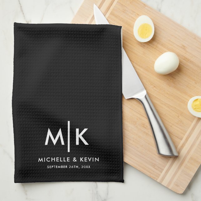 Custom Wedding Modern Monogram Initials Black Kitchen Towel (Quarter Fold)