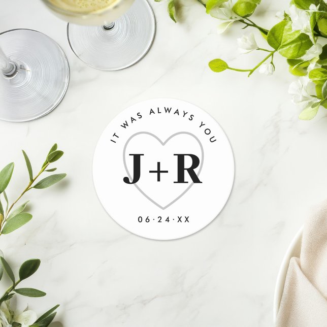 Custom Wedding Monogram Initials with Heart Round Paper Coaster (Creator Uploaded)