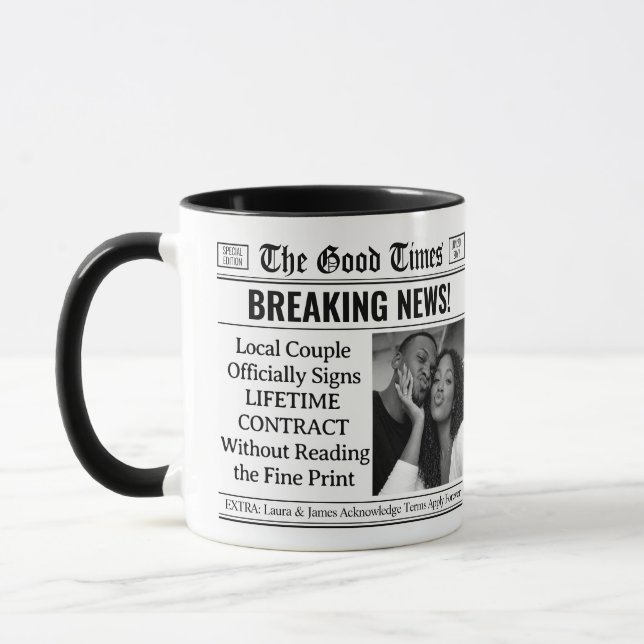 Custom Wedding Mug, Fun Wedding Gift Newspaper  Mug (Left)
