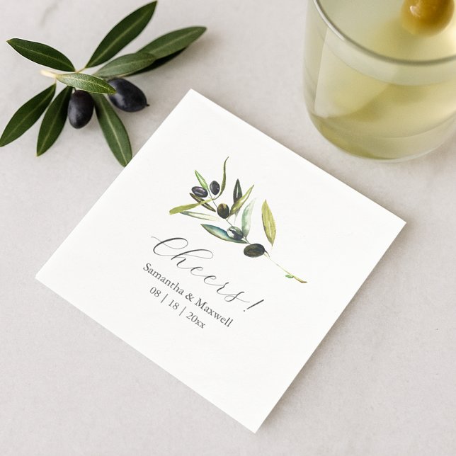 Custom Wedding Napkins Simple Olive Branch (a flat lay of olive wedding theme cocktail napkins watercolor art by Victoria Grigaliunas)