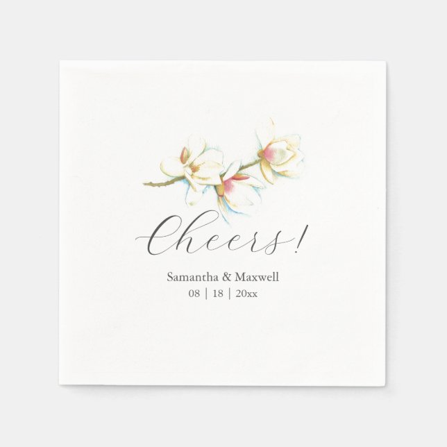 Custom Wedding Napkins White Magnolia Flowers (Front)
