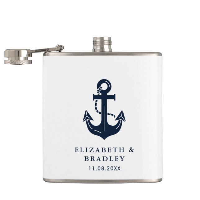 Custom Wedding Nautical Navy Blue Anchor Hip Flask (Opened)