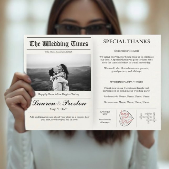 Custom Wedding Newspaper - Fun Guest Activity Book Invitation (Newspaper Wedding - Party Games Crossword)
