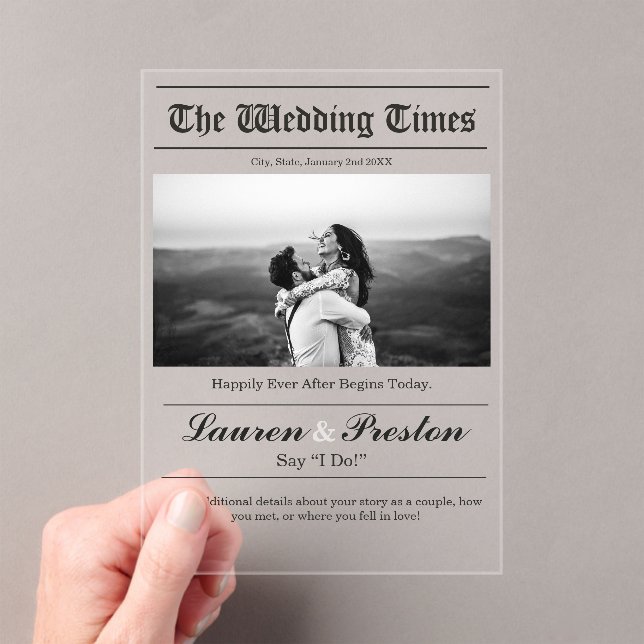 Custom Wedding Newspaper - Save the Date Acrylic  Invitations (Insitu (Handheld))