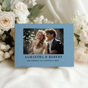 Custom Wedding Photo Blue Linen Fabric Guest Book