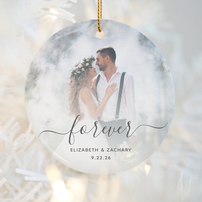 Custom Wedding Photo Forever Personalized Grey Ceramic Ornament (Creator Uploaded)