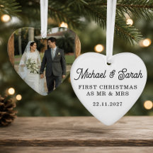 Custom Wedding Photo Heart Glass Ornament