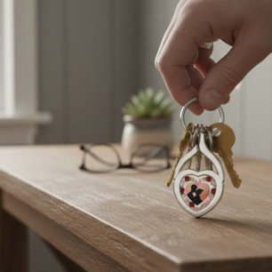Custom Wedding Photo Heart Metal Keychain - Floral