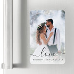 Custom Wedding Photo Love Grey Script Magnet<br><div class="desc">Celebrate your wedding with this keepsake flexible magnet, featuring the word "love" in elegant charcoal grey handwriting script with swashes at the beginning and end. Personalize it with your names and wedding date, and replace the sample image with your favourite wedding photo. A white gradient filter helps make the text...</div>