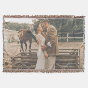 Custom Wedding Photo Newlyweds Boho Woven Fringe Throw Blanket