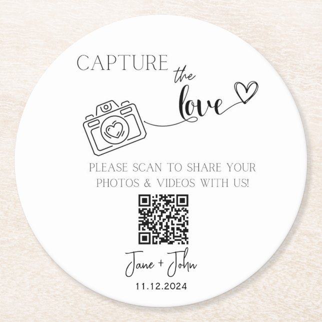 Custom Wedding Photo QR Code Sign Capture the Love Round Paper Coaster (Front)