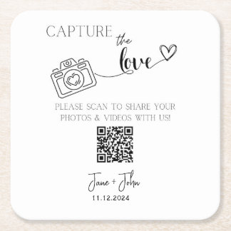 Custom Wedding Photo QR Code Sign Capture the Love Square Paper Coaster