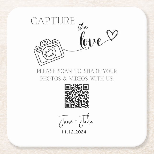 Custom Wedding Photo QR Code Sign Capture the Love Square Paper Coaster (Front)