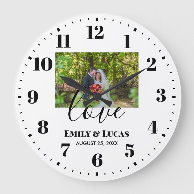 Custom Wedding Photo Simple Elegant Calligraphy Large Clock (Front)