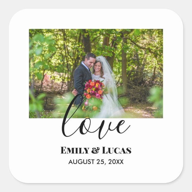 Custom Wedding Photo Simple Elegant Calligraphy Square Sticker (Front)