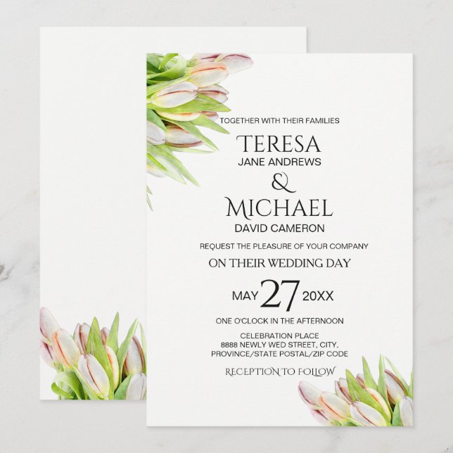 Custom Wedding, Pink and Green Tulip painting Invitation (Front/Back)