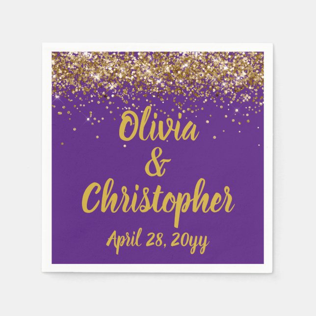 Custom Wedding Reception Purple Gold Personalized Napkin (Front)
