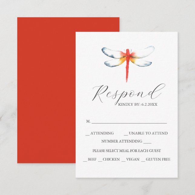 Custom Wedding RSVP Cards Red Dragonfly (Front/Back)