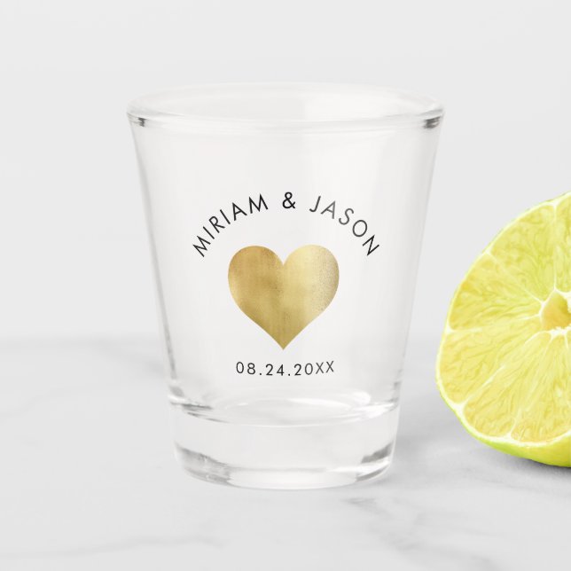 Custom Wedding Shooter Gold Heart Minimalist Shot Glass (Front)