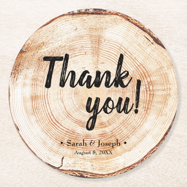 Custom Wedding Thank You Wood Grain Rustic  Round Paper Coaster (Front)