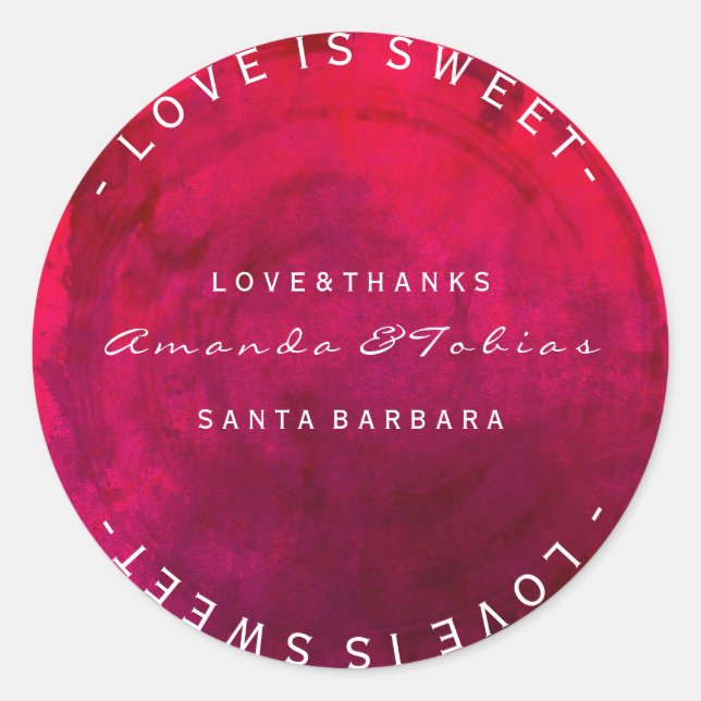 Custom Wedding Thanks Pink Red Tropical Candy Classic Round Sticker (Front)