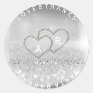 Custom Wedding Thanks Silver Glitter Monogram Classic Round Sticker