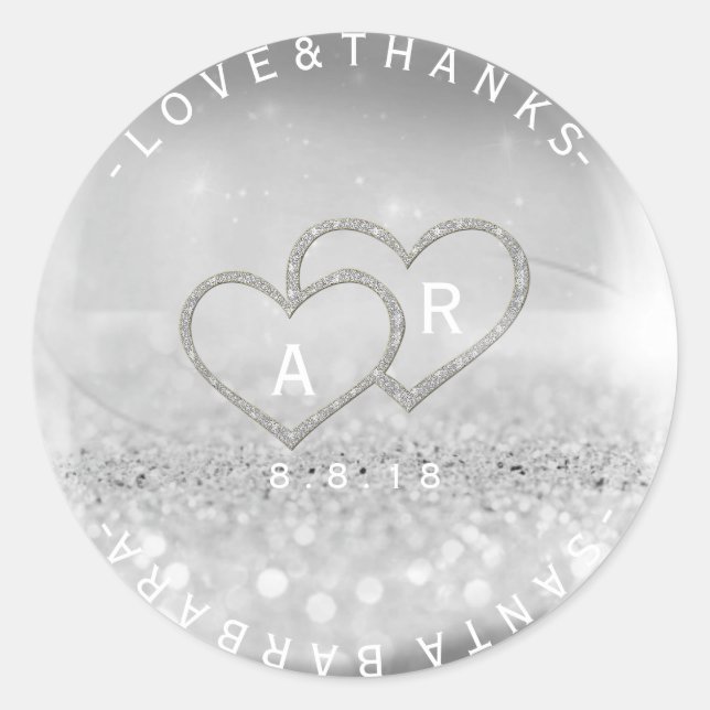 Custom Wedding Thanks Silver Glitter Monogram Classic Round Sticker (Front)