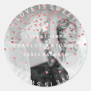 Custom Wedding Thanks Teal Pink Heart Photo Classic Round Sticker