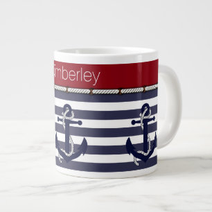 Custom Welcome Aboard Anchors Stripes Pattern Large Coffee Mug