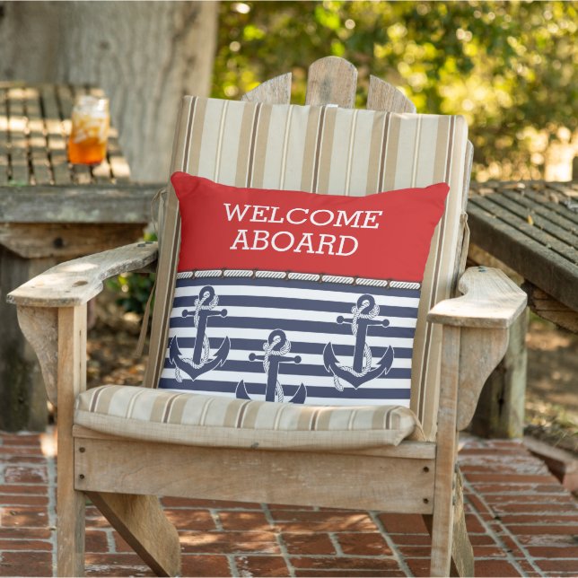 Custom Welcome Aboard Anchors Stripes Pattern Outdoor Pillow (Chair)