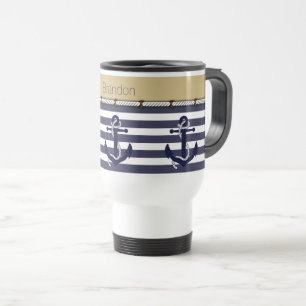 Custom Welcome Aboard Anchors Stripes Pattern Travel Mug