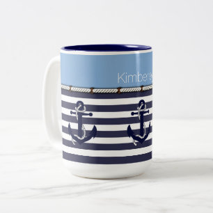 Custom Welcome Aboard Anchors Stripes Pattern Two-Tone Coffee Mug