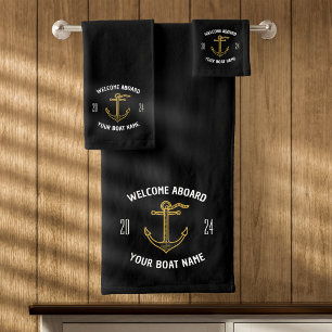 Custom Welcome Aboard Boat Name Black & Gold Bath Towel Set