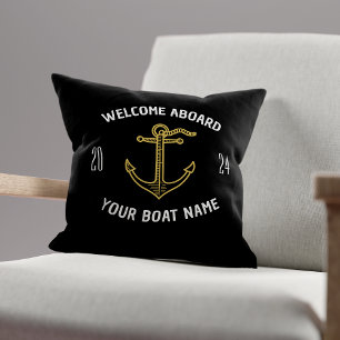 Custom Welcome Aboard Boat Name Black & Gold Throw Pillow
