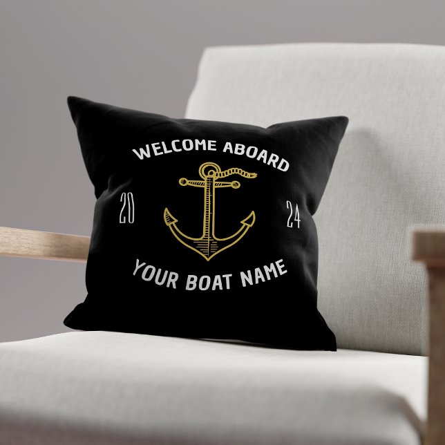 Custom Welcome Aboard Boat Name Black & Gold Throw Pillow (Creator Uploaded)